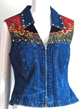 Hairston Roberson Ropa Front Zip Embellished Denim Vest - USA